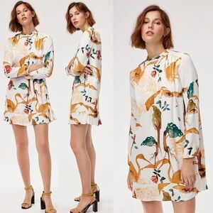 Aritzia White Floral-Print Long Sleeve Mini Dress with Mustard Accents